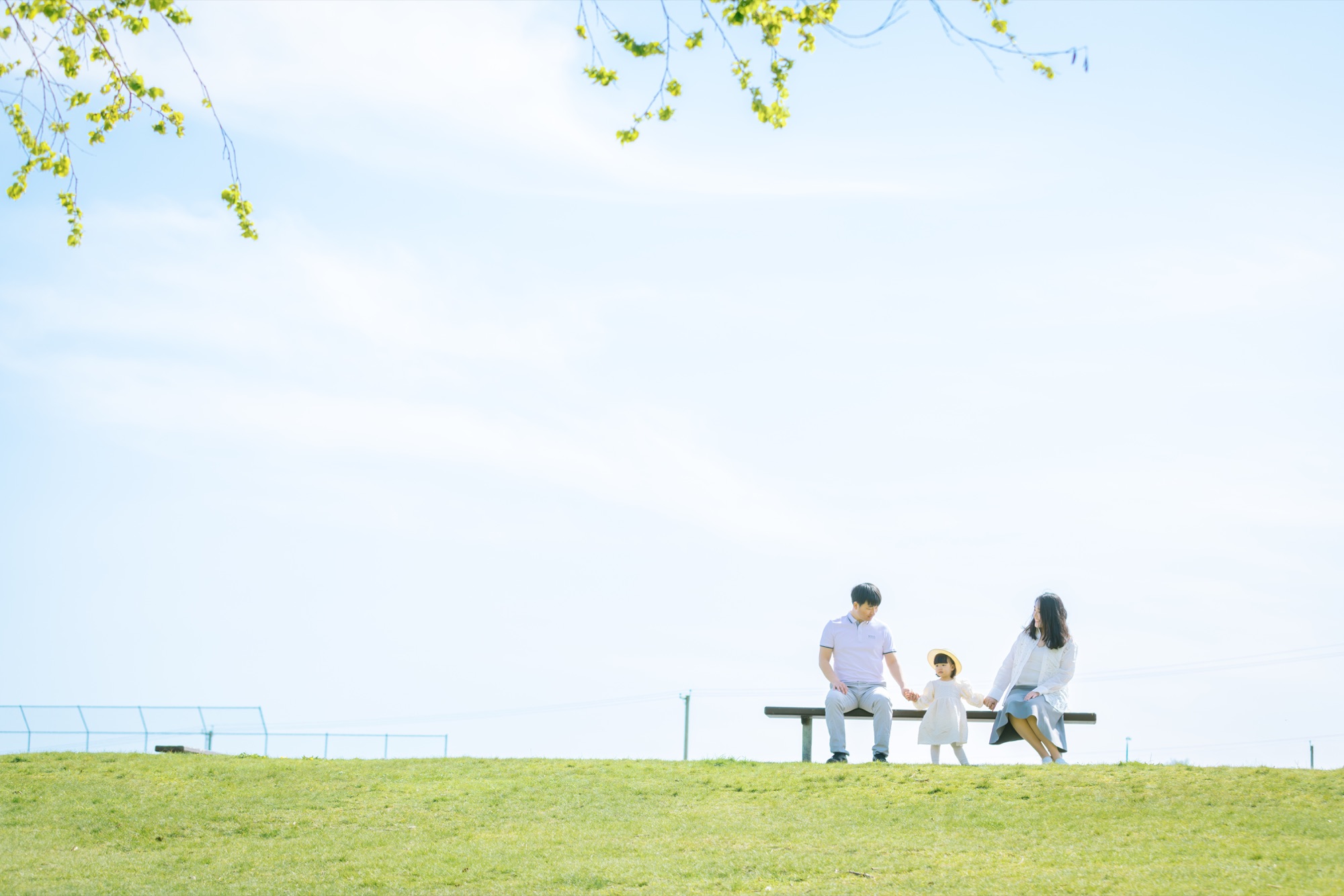 A family sitting together on a bench beneath fresh green leaves and a bright spring sky