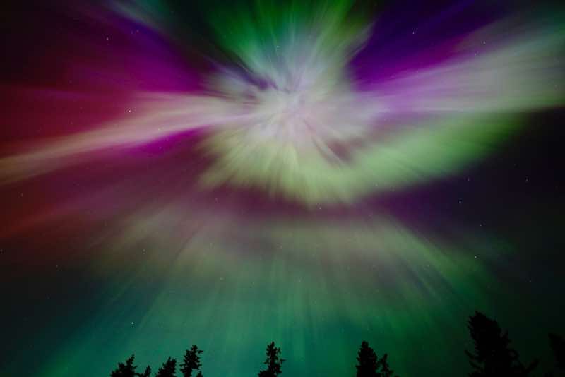 A bright multicolored northern lights display above evergreen trees